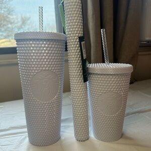 Starbucks Eggplant White Studded Venti & Grande Cold Cup Tumbler w/ Straw Set